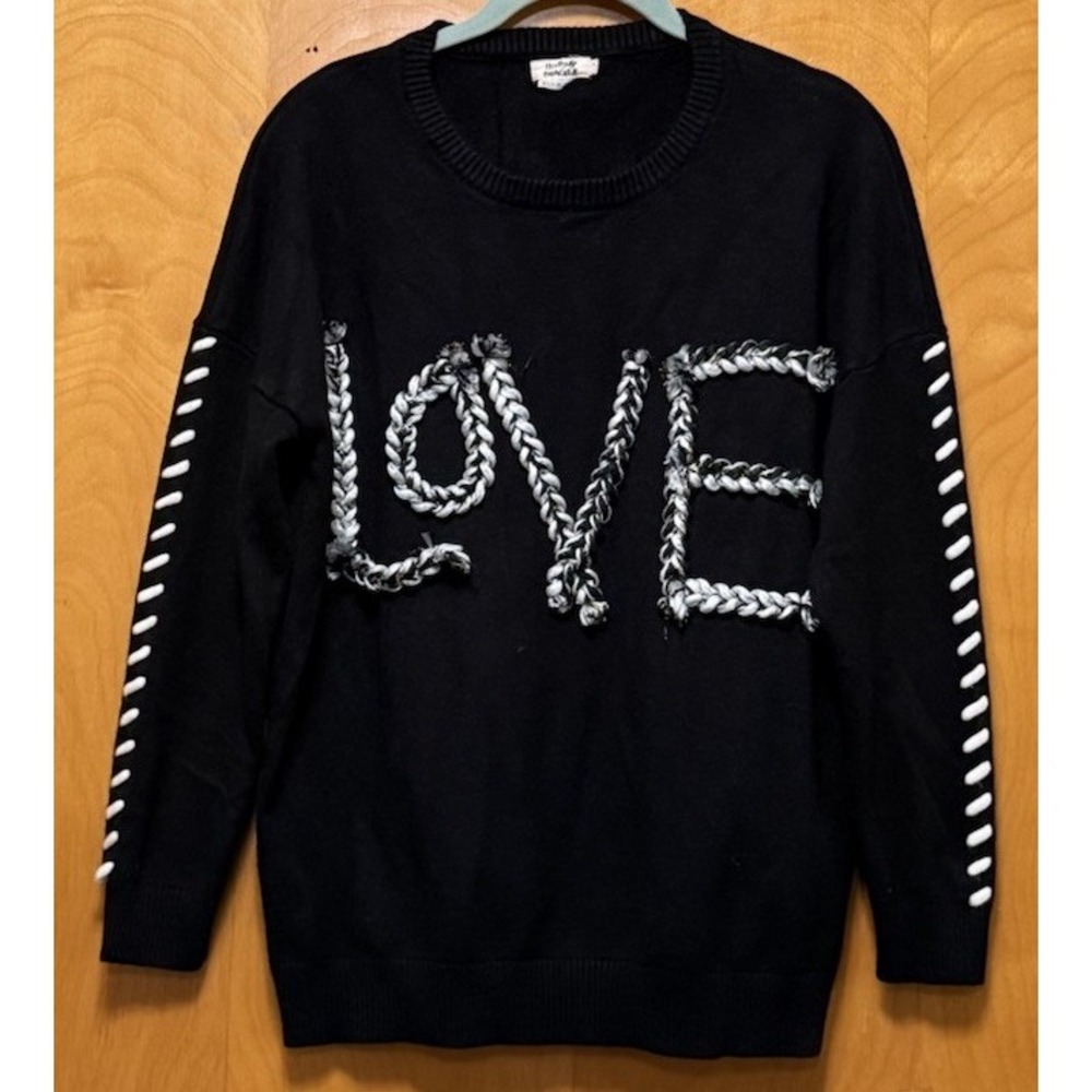 Molly Bracken Womens Braided Love Crewneck Sweater Stitch DetailSleeve Black L